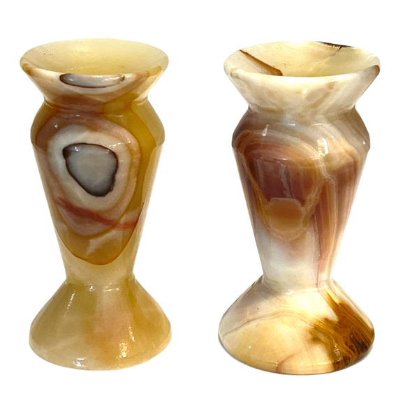 VTG Set (2) MARBLE CANDLE HOLDERS Onyx Stone Cream Brown Taper Candlesticks EXC! - Picture 5 of 5